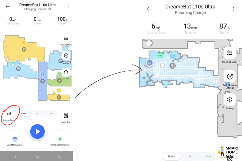 The Dreame L10s Ultra has cleaned a room 3 times.